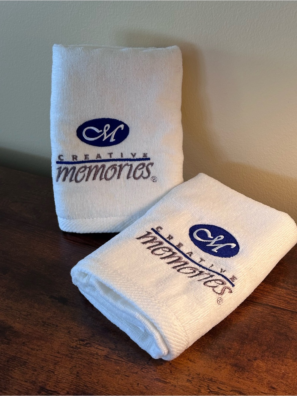 Creative Memories 27x13.25 White Hand Towels with Blue and Brown Embroidery